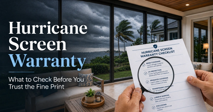 Hurricane screen warranty checklist shown in front of a storm-protected coastal home