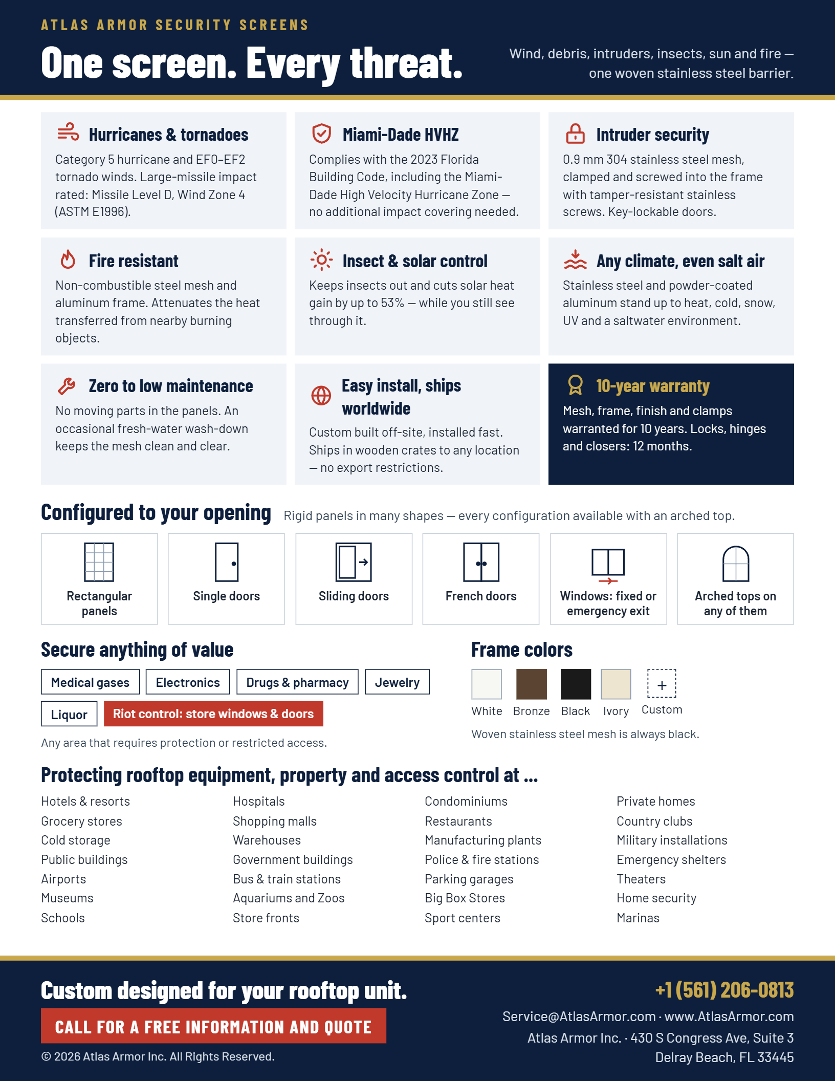 Back of the Atlas Armor security screens brochure summarizing severe-weather, fire, insect, solar, intrusion, warranty, and rooftop equipment protection applications.