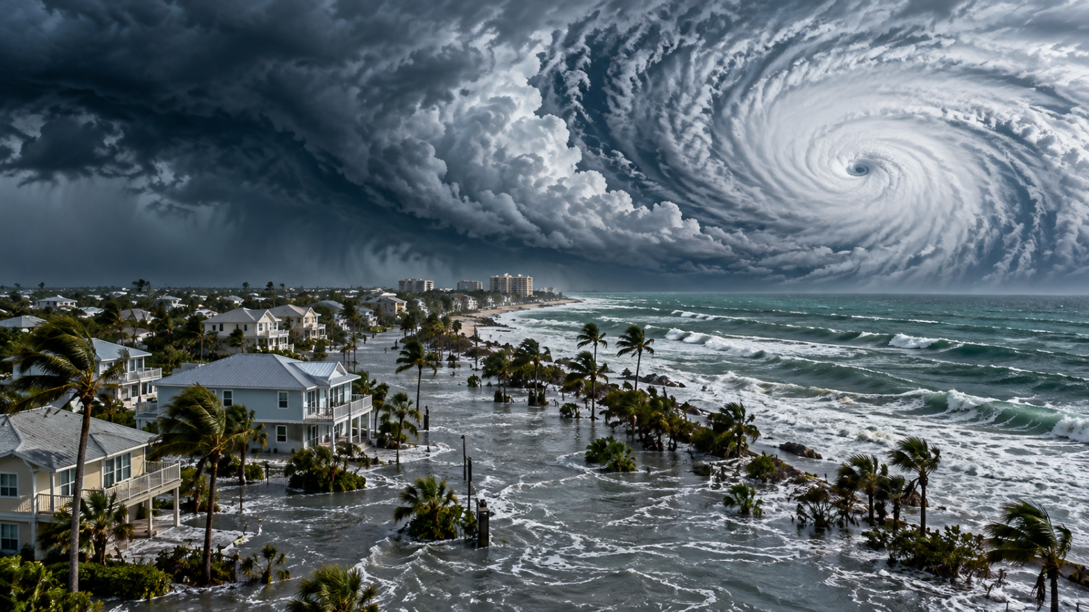Hurricane approaching a Florida coast with storm surge flooding